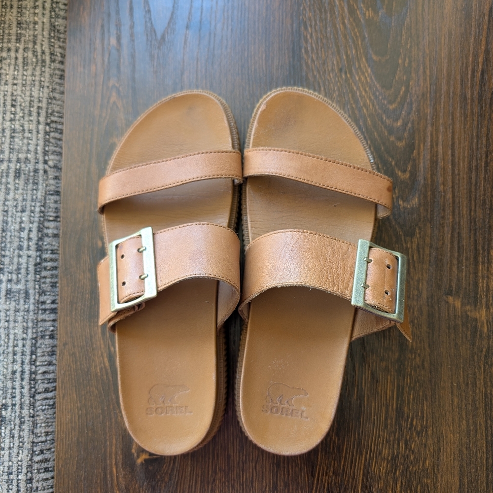 Sorel Roaming Camel Brown Leather Buckle Slide Sandals